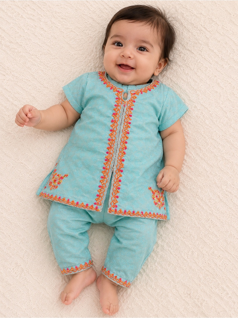 Aqua Embroidered Kids pakistani dress Set - Matching three Piece kameez pajama d
